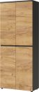 Moderner Schrank mit vier Türen in Holzoptik und schwarzem Korpus, minimalistisches Design, Wohnzimmermöbel.