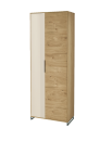 Moderner Kleiderschrank aus Holz mit zwei Türen, einer beigen Front und Metallfüßen, freistehend auf weißem Hintergrund.