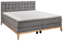 Modernes Boxspringbett mit grauem Stoffbezug, gepolstertem Kopfteil und Holzfüßen auf weißem Hintergrund.
