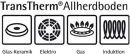 Symbole für TransTherm Allherdboden: geeignet für Glas-Keramik, Elektro, Gas und Induktion Kochfelder.