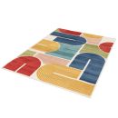 Bunter Teppich mit geometrischem Muster in Rot, Blau, Gelb, Grün und Beige auf weißem Hintergrund.