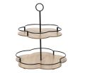 Zweistöckige Etagere aus Holz und Metall in Blumenform, ideal als Servierplatte für Kuchen und Gebäck.