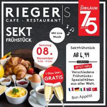 Sektfrühstück im Rieger Café mit Live-Musik, Frühstücksspezialitäten, gratis Sekt und Jubiläumsangebot.