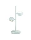 Moderne, weiu00dfe LED-Tischleuchte mit zwei verstellbaren Lampenku00f6pfen auf rundem Standfuu00df, minimalistisches Design.