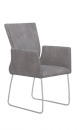 Moderner Esszimmerstuhl mit grauem Polster, Armlehnen und Metallgestell, ideal für Wohnzimmer oder Büro.
