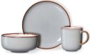 Graues Keramik-Geschirrset mit Teller, Schüssel und Tasse, brauner Rand, modernes Design, auf weißem Hintergrund.