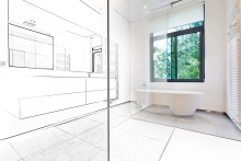 Modernes, helles Badezimmer mit freistehender Badewanne, großem Fenster und skizziertem Design-Konzept.