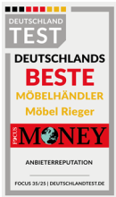 Auszeichnung Deutschlands beste Möbelhändler 2023, Möbel Rieger, Focus Money, Deutschland Test, Anbieterreputation.