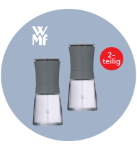 Zwei silberne WMF-Gewürzmühlen auf rundem Hintergrund mit WMF-Logo und rotem Hinweis "2-teilig".