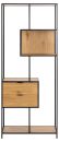 Regal Seaford Wildeiche 77 x 185 cm Modernes Regal aus schwarzem Metall und Eichenholz mit offenen Fächern und Schubladen, minimalistisches Design.