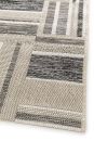 Moderner Teppich mit geometrischem Muster in Beige, Grau und Schwarz, gewebte Struktur, rechteckiges Design.