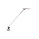 Moderne LED-Schreibtischlampe mit rundem Leuchtkopf, verstellbarem Arm und Tischklemme, minimalistisch in Weiß.