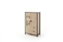Modernes Sideboard aus Holz mit Glasvitrine, LED-Beleuchtung, zwei Schubladen und Metallrahmen auf weißem Hintergrund.