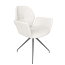 Moderner weißer Drehstuhl mit Armlehnen und Metallbeinen, ergonomisches Design für Büro oder Esszimmer.