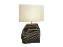 Moderne Tischlampe mit weißem Lampenschirm und strukturierter, gold-schwarzer Basis im Designerstil.