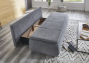 Graues Schlafsofa mit aufklappbarem Bettkasten, moderner Wohnraum, Stauraum, Teppich und Couchtisch.