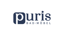 Logo von Puris Badmöbel in dunkelblauer Schrift auf weißem Hintergrund, modernes Design für Badezimmermöbel.