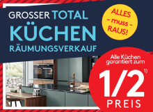 Großer Küchenräumungsverkauf: Moderne Küchen zum halben Preis, alles muss raus, Sonderangebot.
