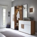 Moderne Garderobe aus Holz und Weiß, mit Spiegel, Sitzbank und Schrank, rustikales Design, Flurmöbel.