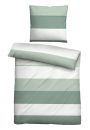Bettwäsche-Set mit Kissen und Decke, gestreift in Grün, Weiß und Grau, modernes Schlafzimmer-Design.