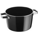 Schwarzer Kochtopf aus Edelstahl mit zwei Griffen, ideal zum Kochen, Braten und Schmoren in der Küche.