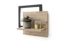 Moderne Wandregal aus Holz mit schwarzem Rahmen, Pflanze im Topf und Glasvase als Dekoration.