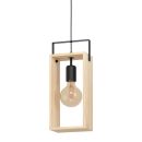 Moderne Hängelampe mit Holzrahmen und sichtbarer Glühbirne, minimalistisches Design für Wohnzimmer.