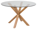 Runder Glastisch mit moderner Holzbein-Konstruktion, Design-Esstisch für Wohnzimmer oder Esszimmer.