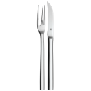 Edelstahl Steakbesteck bestehend aus Messer und Gabel, modernes Design, glänzend, auf weißem Hintergrund.