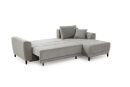 Modernes graues Ecksofa mit Schlaffunktion, zwei Kissen und schwarzen Fu00fcu00dfen auf weiu00dfem Hintergrund.