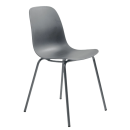 Moderner grauer Kunststoffstuhl mit vier Metallbeinen, minimalistisches Design, Esszimmerstuhl, Möbel.