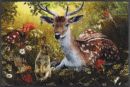 Reh mit Geweih, Hase, Eichhörnchen und Vögel im sonnigen Wald auf Blumenwiese, Natur, Wildtiere, Frühling