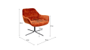 Moderner Sessel in Orange mit Metallfuß, gepolstert, Maße und Sitzhöhe in Zentimetern angegeben.