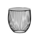 Runder Beistelltisch mit schwarzem Metallgestell und abnehmbarer Holzplatte, modernes Wohnaccessoire.