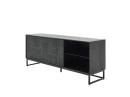 Modernes Sideboard aus dunklem Holz mit geometrisch gemusterter Front und offenen Fächern, minimalistisches Design.