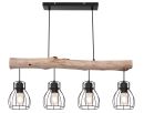 Industrielle Deckenlampe mit Holz und vier schwarzen Metallkäfigen, geeignet für Esszimmer oder Loft.
