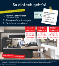 Moderne Küchenberatung: Termin vereinbaren, Raummaße mitbringen, Schränke auswählen, große Modellauswahl.