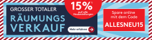 Banner zum Räumungsverkauf mit 15% Rabatt auf Neubestellungen, Online-Code: ALLESNEU15, jetzt mehr erfahren.