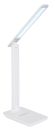 Moderne, weiße LED-Schreibtischlampe mit verstellbarem Arm und Touch-Bedienfeld auf weißem Hintergrund.