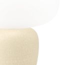 Moderne Tischlampe mit weißem, rundem Lampenschirm und beigem, strukturiertem Keramikfuß, minimalistisch.
