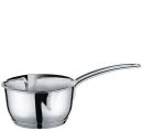 Edelstahl-Stielkasserolle mit glänzender Oberfläche, ideal zum Kochen und Erwärmen von Speisen.