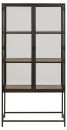 Schwarzer Metallschrank mit Glastüren und Holzregalböden, modernes Design, Vitrine für Wohnzimmer.