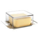 Frische Butter in einer transparenten Butterdose aus Glas auf einem Edelstahlteller, Lebensmittel, Küche.