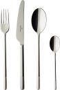 Villeroy & Boch 24-tlg.Tafelbesteck Ella Vierteiliges Edelstahl-Besteckset mit Gabel, Messer, Esslöffel und Teelöffel auf weißem Hintergrund.