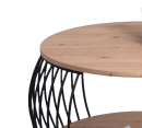 Runder Couchtisch aus Holz mit schwarzem Metallgestell, modernes Wohnzimmermöbel, Detailansicht.