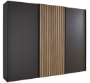 Moderner Kleiderschrank mit schwarzen Türen und mittlerem Holzlamellen-Design, minimalistischer Stil.