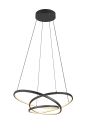 Moderne LED-Hängeleuchte mit zwei schwarzen, überlappenden Ringen und warmweißem Licht, minimalistisch.