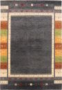 Moderner Gabbeh-Teppich mit grauem Zentrum, buntem Rand in Gelb, Orange, Rot und traditionellen Mustern.