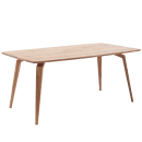 Moderner Esstisch aus hellem Holz mit rechteckiger Tischplatte und schrägen Beinen, skandinavisches Design.