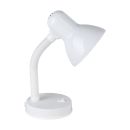 Weiße Schreibtischlampe mit flexiblem Hals und rundem Standfuß, ideal für Büro oder Arbeitsplatz.